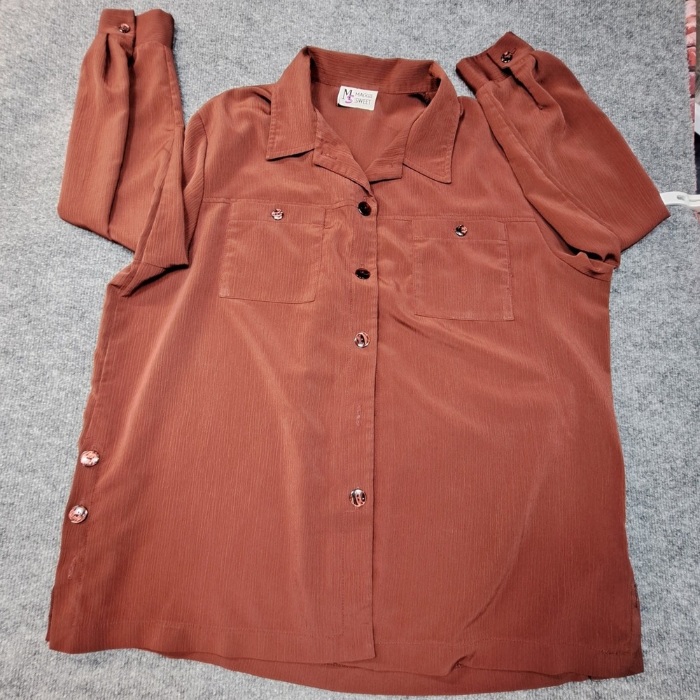 Maggie Sweet Womens Petite 1X Rust Brown Button Down Blouse Long Sleeve 5202